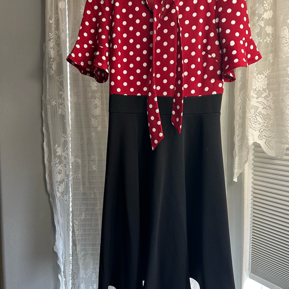 Red Polka Dot Blouse with Black Skirt